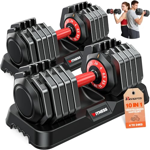 Rendpas Verstellbare Hanteln Set | 5 & 10 Gewichtsstufen | 11&24,5 KG Einstellbare Kurzhanteln | Platzsparend für Home Gym