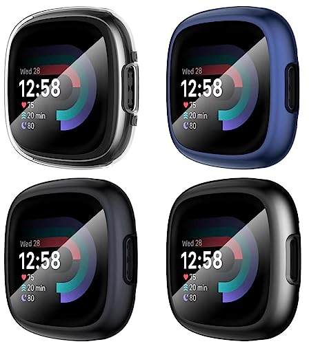 Diruite 4-Pack Cover for Fitbit Versa 4/Sense 2 Screen Protector Case,HD Shockproof Soft TPU Full Protection Scratch-Resistant,Black&Gun Color&Blue&Clear