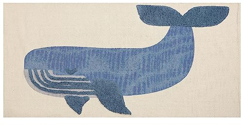 Beliani Kinderteppich aus Baumwolle mit Wal-Motiv 80 x 150 cm Handgewebt Beige und Blau Selai