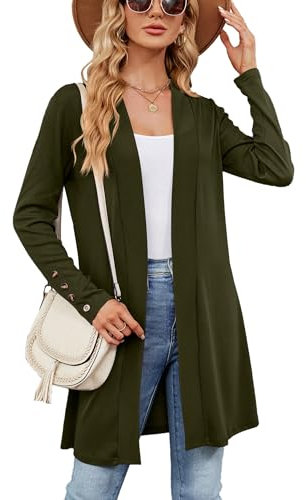 Famulily Cardigan da donna aperto sul davanti a cascata, lavorato a maglia autunno inverno manica lunga maglione cardigan cappotto, Verde militare, M