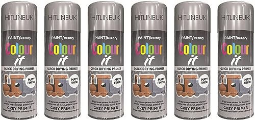 HitlineUK 6 X 400ML GREY PRIMER SPRAY PAINT METAL PLASTIC WOOD PAINT MATT FINISH QUICK DRYING PRIMER ALL PURPOSE PRIMER FOR INTERIOR AND EXTERIOR