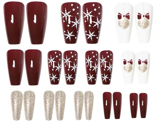 24 Pcs Christmas Fake Nails Long, Red Press on Nails with Snowflake, Pretty Ballerina Stick on Nails for Women New Year, Coffin Festival Holiday False Nails with Glue for Nail Art A4SDJP (Red-A)