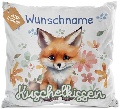 PR Print Royal Flauschiges Kuschel-Kissen für Kinder mit Füllung mit Name selbst gestalten - Fuchs Kissen für Mädchen und Jungs, Kinderkissen mit Name | 40 x 40 cm, Weiß Flauschig
