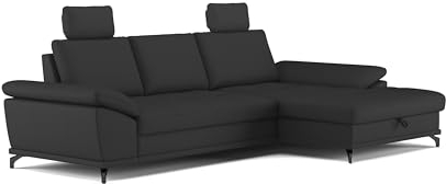 Cavadore Ecksofa Castiel mit Federkern / Eckcouch mit großem Longchair, Sitztiefenverstellung, Kopfstützen und mattschwarzen Metallfüßen / 301 x 89-114 x 176 / Echtleder, Schwarz