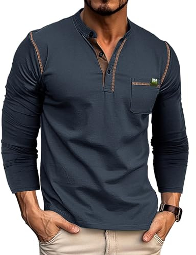 Rosennie Henley Shirt Herren Halbe Knopfleiste Tactical Shirts Langarm Einfarbig Langarmshirt Mit Brusttasche Regular Fit Sport T Shirts Trachtenhemd Basic Sommerhemd Tactical Shirts Arbeitshemd