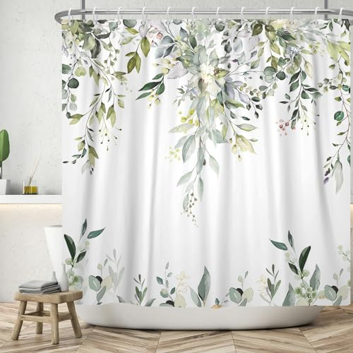 ASDCXZ Blätter Duschvorhang 180x180 cm, Frühling Handgemalt Einfachheit Grün Blätter Weiß Bad Waschbar Duschvorhänge Polyester Textil Wasserdicht Badevorhang für Badewanne mit 12 Haken