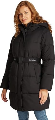 Calvin Klein Damen Mantel Logo Belt Long Puffer mit Gürtel, Schwarz (Ck Black), M