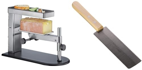 SPRING Raclette Ofen Schweizer Raclette-Gerät Edelstahl stufenlos höhenverstellbar mit antihaftbeschichteter Grillplatte & Casselin CCR Raclette Knife Silver Wood