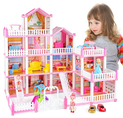 deAO Doll House for Girls, Kids Pink Dolls House Playset With Doll Figures, Furnitures and Accessories, 4 Stories Princess Castle Dollhouse Toys for Kids 3 4 5 6 7 8 Years Old