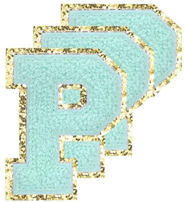 sourcing map Chenille Letters P Patches Large Size 80mm/3.15 Inch Iron-on Letters P Patches Golden Glitter Embroidered Patches for Clothing, Shoes, Hats, Backpacks Pack of 3(Blue)