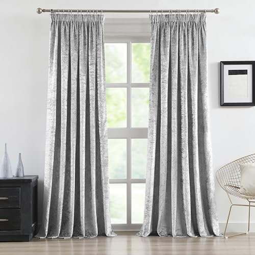 Bujasso Velvet Room Darkening Curtains Silver 90 inch Length Elegant Luxury Window Drapes for Bedroom Living Room Thermal Insulated Pencil Pleat Drapes Set of 2 Panels W90 x L90 Sliver