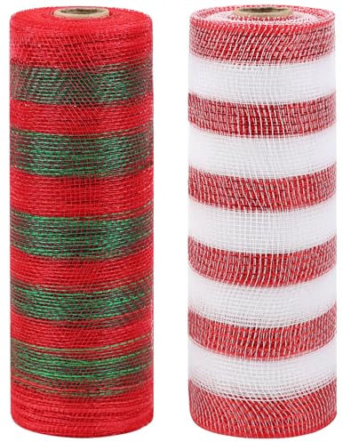 tenn well 2 Rolls Deco Mesh Rolls for Wreath Making Supplies, 10 Inch x 10 Yards Christmas Mesh Ribbon for Wreaths, Swags and Christmas Decoration (Red White+Red Green)
