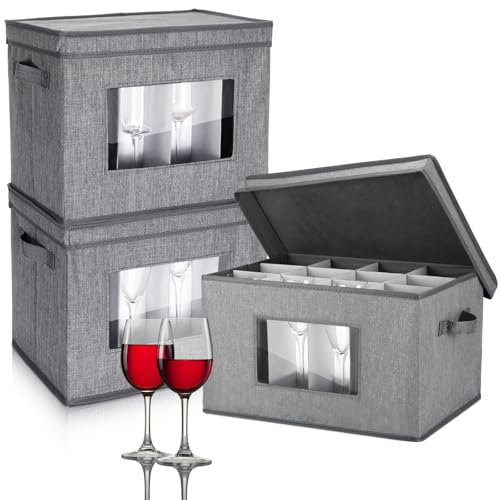 Norme Weinglas-Aufbewahrungsbox mit Trennwänden, 12 Fächern, Stielgläser, Champagnerflötenbox mit Deckel, Griff, Fenster, Porzellan-Behälter zum Umzug, Weinglasgröße, Grau, 3 Stück