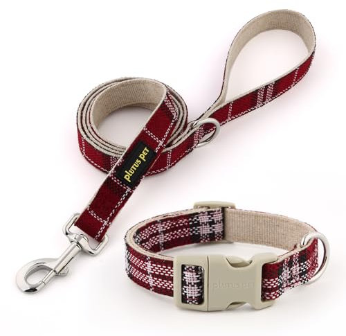 Plutus Pet Cotton Hemp Dog Collar and Leash Set, Adjustable Collar for Small, Medium, and Large Dogs, Heavy Duty and Soft on Skin, Red Plaid, XS