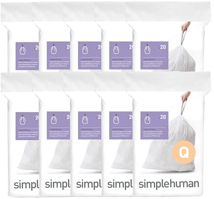 simplehuman Code Q 200 Count, Genuine Custom Fit Liners, Drawstring Trash Bags in Dispenser Packs, 50-65 Liter / 13-17 Gallon, White