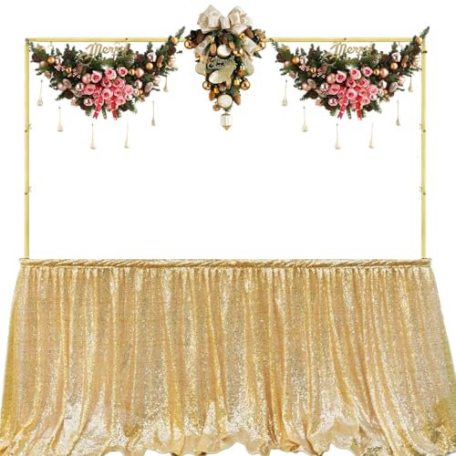 BLUEQUENAIL Adjustable Over The Table Rod Stand 13''-42'' Tall 29''-98'' Length Gold Metal Table Arch Stand for Wedding Birthday Halloween Party Christmas Decorations
