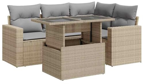 vidaXL 5-TLG. Garten-Sofagarnitur mit Kissen Beige Poly Rattan, Outdoor Sofa Set, Garten-Lounge-Set