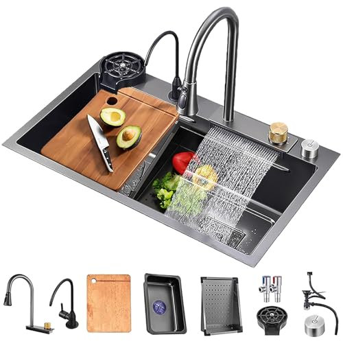 80x45cm Fregadero De Cocina En Cascada Negro, Fregadero Nano De Acero Inoxidable, Fregadero Para El Hogar, Lavabo Para Verduras, Fregadero Individual, Estación De Trabajo