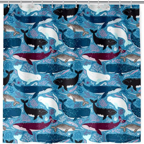 ANHOPE Unterwasser Ozean Tier Wal Duschvorhang Wasserdicht Anti-schimmel Polyester Stoff Duschvorhänge 180 x 200cm Shower Curtains Waschbar Bad Vorhäng für Badzimmer mit 12 Haken