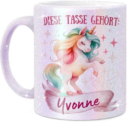 Tassenliebling® Einhorn Glitzer Tasse personalisiert - Kindertasse mit Namen für Mädchen - Perlmutt - Einhorn Geschenke - Personalisierte Geschenke Kinder - Kinderbecher aus Keramik 330ml