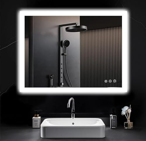 PESENXAN LED Badspiegel mit Beleuchtung 3 Farbtemperaturen, Dimmbar, Anti-Beschlag-Funktion, Wandspiegel Badezimmerspiegel mit Memory-Funktion, Touch-Schalter, Explosionsgeschütztes Glas, 60x80cm