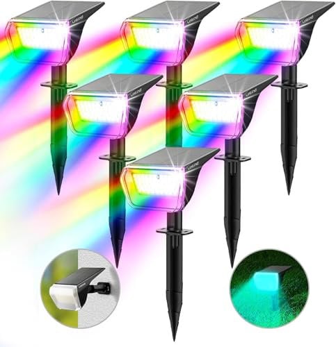 Linkind Bunt Solarlampen für Außen, RGB & Weiß Solar Strahler Garten mit 10 Modi, Solar Außenleuchte 2 in 1 Montage, IP67 Außen Gartenstrahler für Party, Bäume, Vorgarten, Hof, 6 Stück