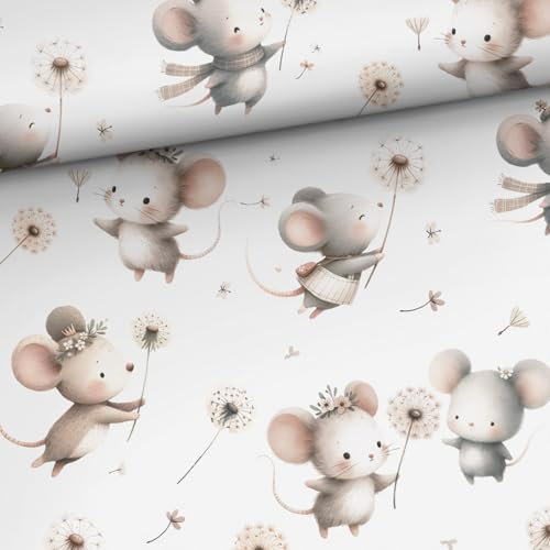 Keine Meterware, Stoffe zum Nähen, Stoff für Kinder, 100% Baumwolle: 0,5m Premium Baumwollstoff mit Tiere und Blumen - Mäuse für Neugeborene und Babys - Mäuseliebe