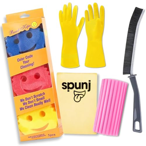 Spring Cleaning Kit - Includes Spunj Sponge, Pink Damp Duster Sponge, Narrow Gap Brush, Household Cleaning Gloves, and Smiley Face Sponges Pack - Home Cleaning Bundle by Kevagh