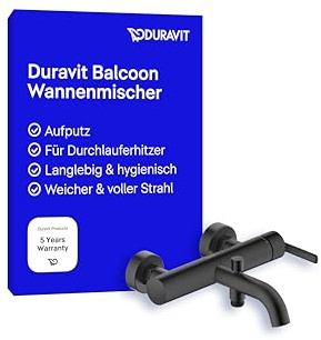 Duravit Balcoon Wannenarmatur Aufputz für 2 Verbraucher, Einhebel-Wannenmischer mit Keramikmischsystem und Rückflussverhinderer, Schwarz Matt