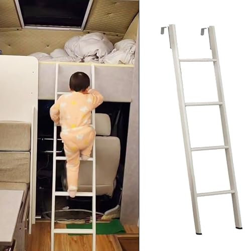 Escalera para litera de Autocaravana para niños y Adultos, Ligera, Solo para literas Individuales, Escalera Corta de Metal con 2 Ganchos, Escalera Lateral Blanca (140 cm/55)