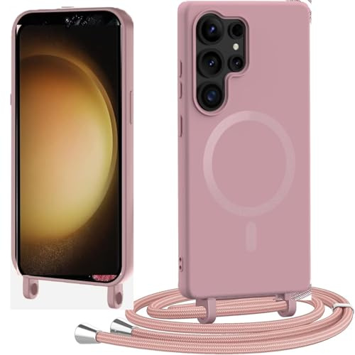Spdymo für Samsung Galaxy S23 Ultra Hülle mit Band, Kompatibel mit Magsafe, Magnetisch Handyhülle für Samsung S23 Ultra Handyband Silikon TPU Schutzhülle zum Umhängen Kordel Necklace Kette, Rose