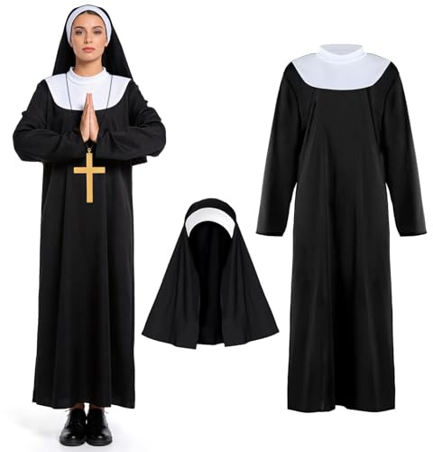 Aitsite Nonnen Kostüm für Damen, Gruselig Nonne Kloster Schwester Mittelalter Kostüm Damen mit Nonnenhaube und Kreuz für Erwachsene und Teenager, Nonnenkleid Geeignet für Halloween Karneval (M)
