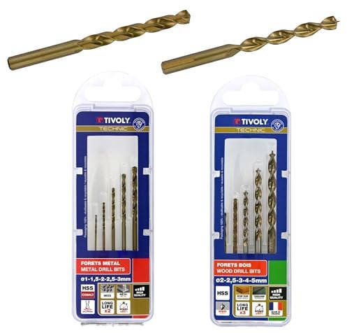 TIVOLY - Coffrets 10 Forets HSS Haute Performance Métal & Bois - Perçage Inox, Aciers Résistants et Bois - Ø 1 à 5 mm - Cobalt & Bronze