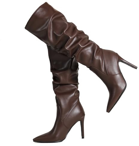 Ceciloroda Donna's Knee Stivali Alti Brown Slouchy Ruched Wide Calf Fall Scarpe Appuntito Pull On Dressy Stivali Stiletto Comodo Size 41
