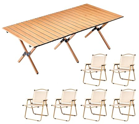 HBOOMOEM Camping Set Mit Tisch & KlappstüHlen，Robuster Tisch Und StüHle Im Freien Set ，Wird Mit Einer Aufbewahrungstasche Geliefert, Geeignet for Drinnen, DraußEn.(Khaki,120CM+6 Large Chairs)