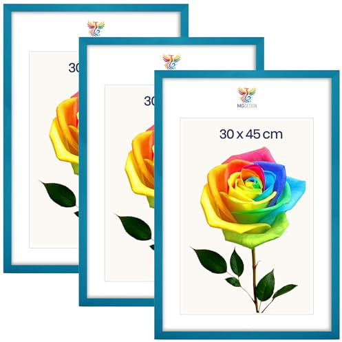 MG Design 3er Set Bilderrahmen 30 x 45 cm – Posterrahmen mit Türkis Echtholzrahmen und bruchsicherem Acrylglas, Hoch & Quer mit stabiler Wandaufhängung