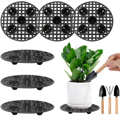 WRENYZK 6 Pcs Plant Level Pot Elevator, 20cm Heavy Duty Plant Stand, Black Round Plant Flower Pot Holder, Plastic Supports Pot Feet with Mini Garden Tools for Indoor Outdoor Deck Floor Protector