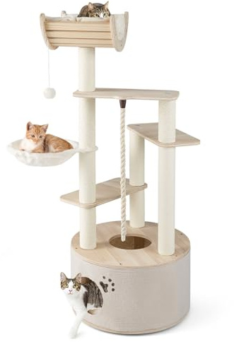 COSTWAY 141 cm Árbol Rascador para Gatos de Madera, Torre para Gatitos Multinivel con Condo, Cama Curvada, Hamaca, Postes Rascadores, Bola Colgante y Cuerda, Cojines Lavables, Castillo Gatos Interior