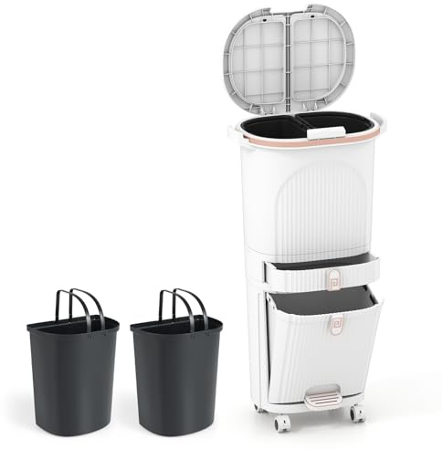 LIFEZEAL Poubelle de Cuisine avec Pédale(Blanc, 42L|2 couvercle, 3 niveaux) | Poubelle de Tri avec 2 Seaux Amovibles et Tiroir, Bac à Tri avec Pédale et Roulettes pour Salon, Cuisine