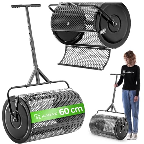 KADAX Kompoststreuer 75L mit feinmaschige Trommel, Streuwagen, Düngerstreuer aus Stahl, Gartenstreuer, Streuer mit höhenverstellbarem T-Griff, Handstreuer