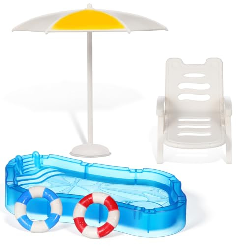 POPETPOP Wichtel Zubehör Sommer Set mit Mini Pool Sonnenschirm Liegestuhl für Puppenhaus Garten DIY Feengarten Mini Deko für Kinder