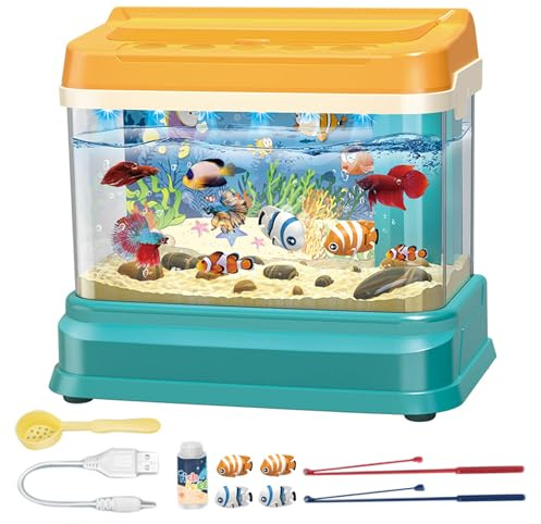 Tsawntd Juguete de Acuario para bebé, Juguete Educativo, pecera con luz y música, Tanque de Agua Artificial con 4 Peces magnéticos, 2 cañas de Pescar, Red y biberón, para Cuenco para niños