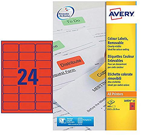 Avery TS-190099 L6034-20 Label, Red, Pack of 480