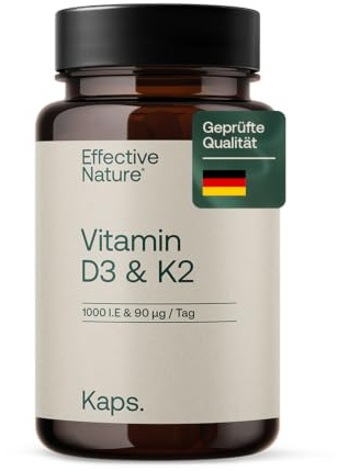 Effective Nature - Vitamin D3 K2 hochdosiert - 1000 I.E. - laborgeprüft | Vitamin D und 90 mcg Vitamin K2 pro Tagesdosis - ohne Zusätze