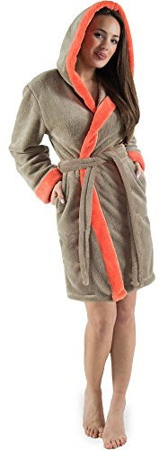 CelinaTex Kos Damen Bademantel mit Kapuze M taupe lachs Sherpa-Fleece Saunamantel kurz Morgenmantel Kapuzen-Mantel