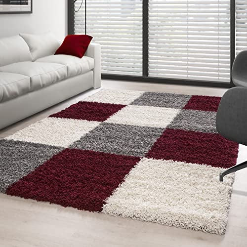 Carpettex Hochflor Teppich Wohnzimmer Shaggy Flokati Modern Kariert 200 x 290 cm Rot - Schlafzimmer Weich Flauschig Waschbar Küche Esszimmer - Langflor