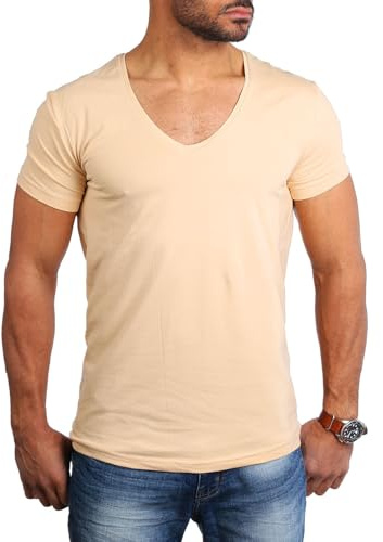 Young & Rich Herren Uni T-Shirt Basic mit extra tiefem V-Ausschnitt Slimfit deep V-Neck Stretch dehnbar 1315