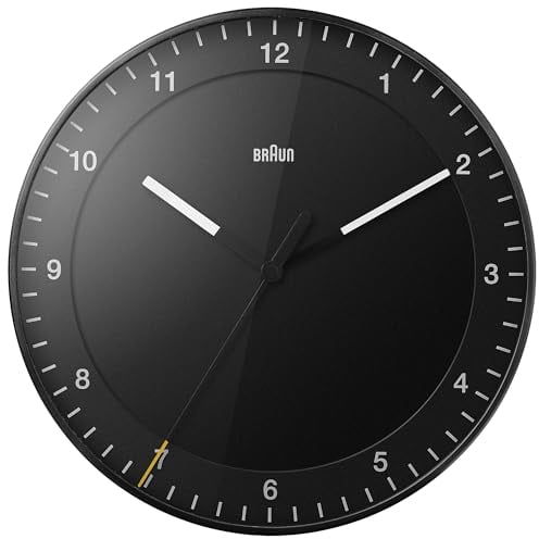 Braun klassisch große analoge Wanduhr mit leisem Uhrwerk, Einfach zu lesendes Zifferblatt, 30cm Durchmesser in schwarz, Modell: BC17B