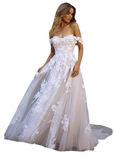 DMYG Hochzeitskleid Boho Beach Lang Spitze Appliques Off The Shoulder Tüll Prinzessin Brautkleider Elfenbein 44