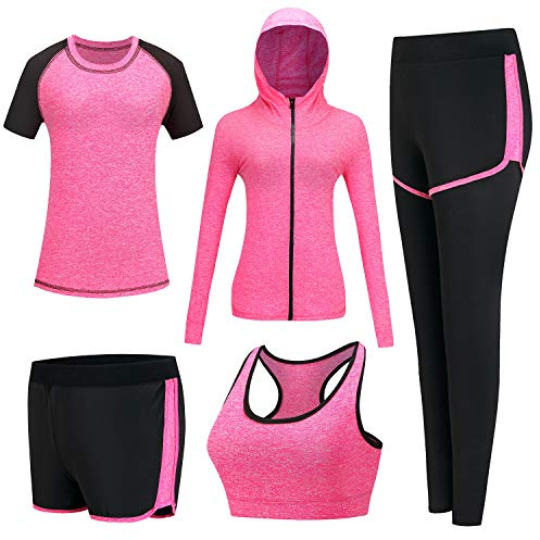 5-teiliges passendes Workout-Set für Damen, Yoga, Fitnessstudio, athletisch, Pilates-Outfits, Rose, Large